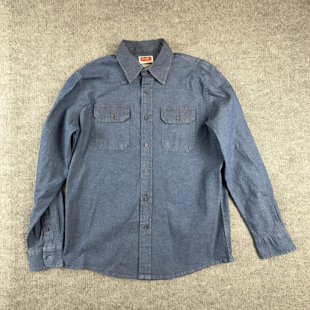 VTG Wrangler Shirt Mens Medium Blue Denim Long Sleeve Button Up Stretch Casual